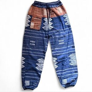 Blue and brown patchwork trousers